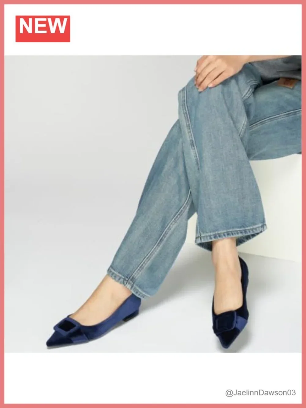 Women's Velvet Pointed Toe Ballet Flats with Square Buckle, Lambskin Leather